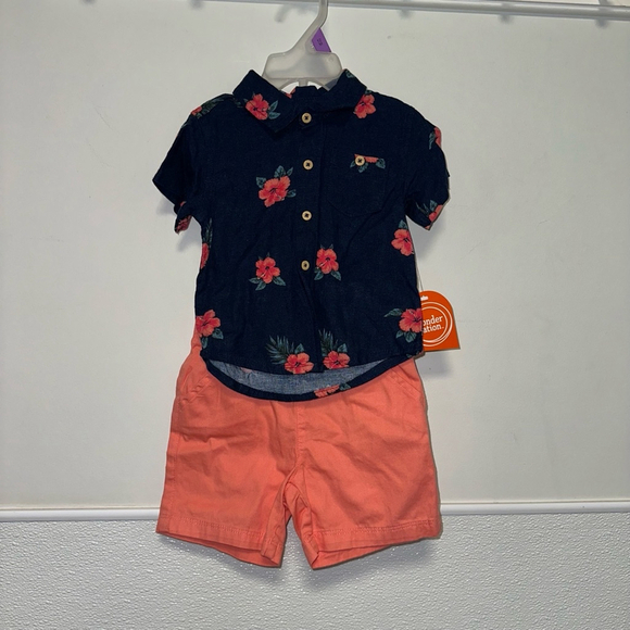NWT NEW Baby Boy Wonder Nation Outfit 12M Navy Coral Hawaiian 2 piece Button - Picture 10 of 10